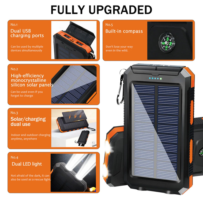 20000mAh Solar Power Bank – Dual USB, Waterproof & LED Flashlight