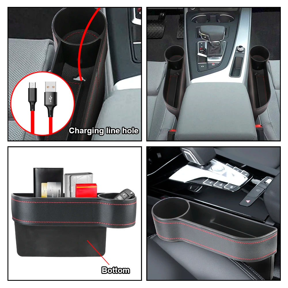Leather Car Seat Gap Organizer with Charging Hole | Universal Car Storage Box for Phone, Wallet & Keys