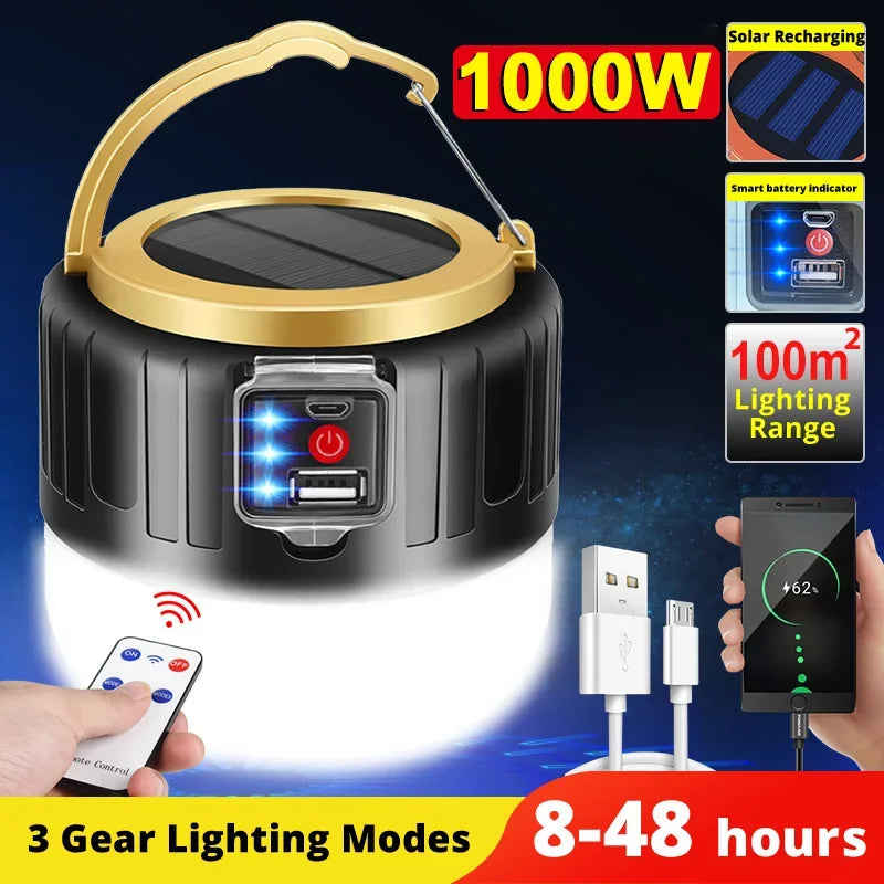 Portable Solar Camping Lantern with Remote Control | LED Rechargeable Power Bank Light – Waterproof Tent Lamp for Outdoor, Hiking & Emergency
