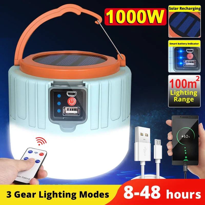Portable Solar Camping Lantern with Remote Control | LED Rechargeable Power Bank Light – Waterproof Tent Lamp for Outdoor, Hiking & Emergency