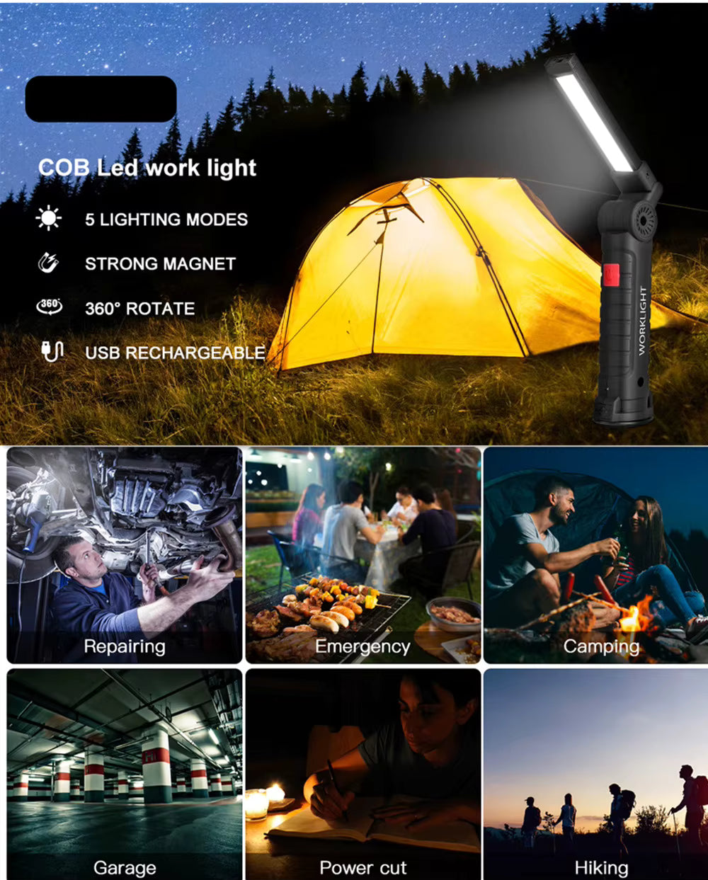 Portable COB LED Flashlight | USB Rechargeable, Magnetic & Hanging Hook