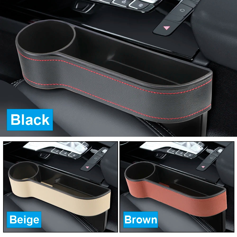 Leather Car Seat Gap Organizer with Charging Hole | Universal Car Storage Box for Phone, Wallet & Keys