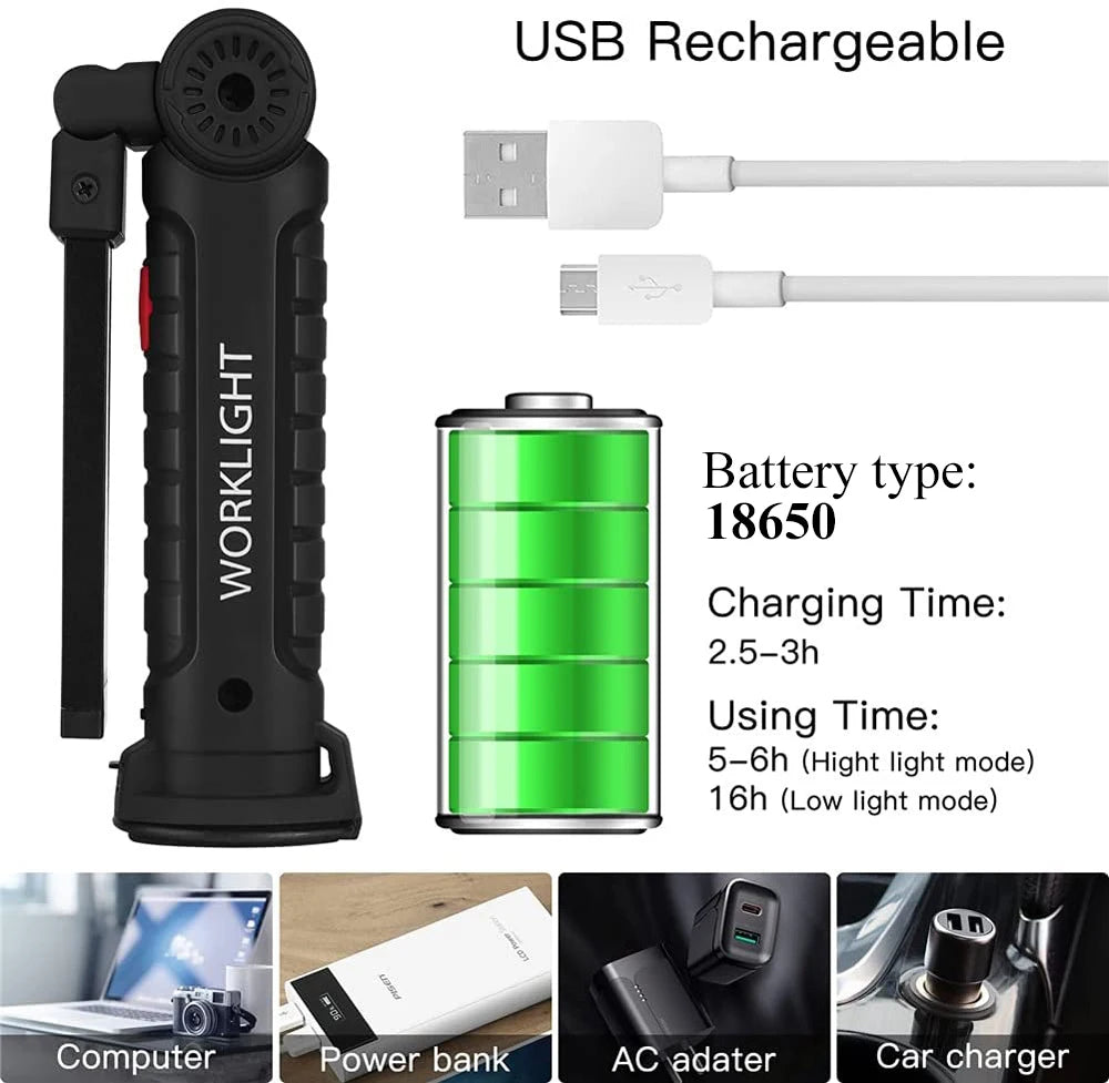 Portable COB LED Flashlight | USB Rechargeable, Magnetic & Hanging Hook