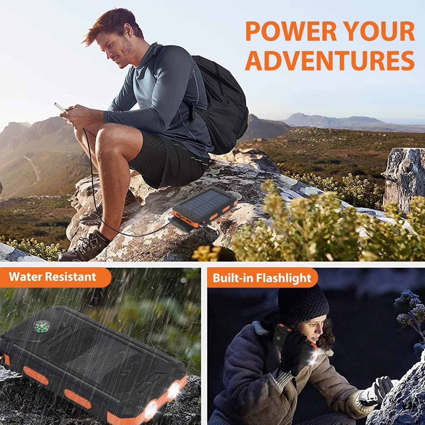 20000mAh Solar Power Bank – Dual USB, Waterproof & LED Flashlight