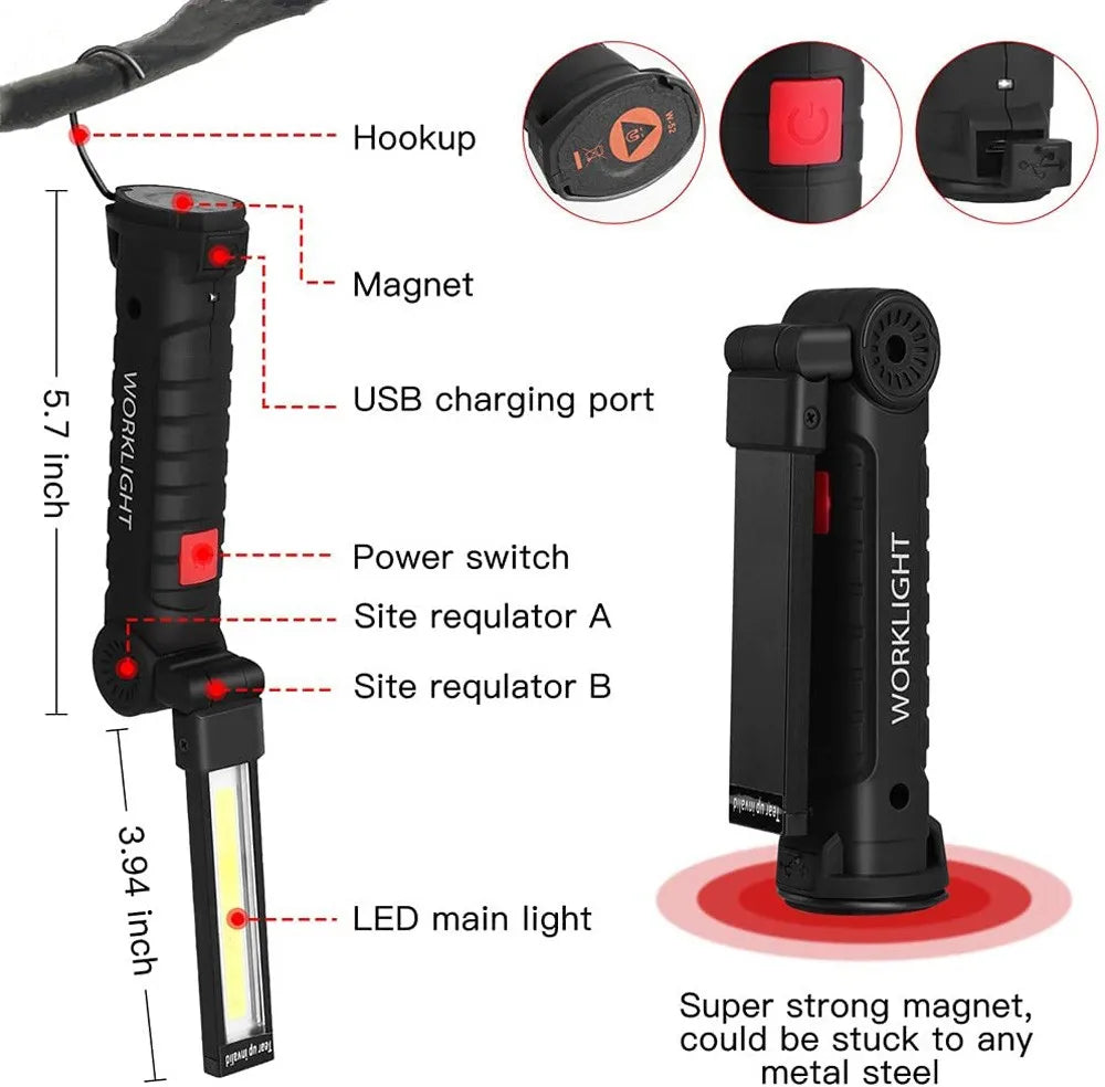 Portable COB LED Flashlight | USB Rechargeable, Magnetic & Hanging Hook
