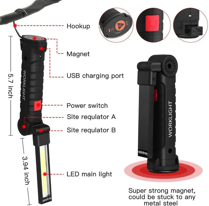 Portable COB LED Flashlight | USB Rechargeable, Magnetic & Hanging Hook