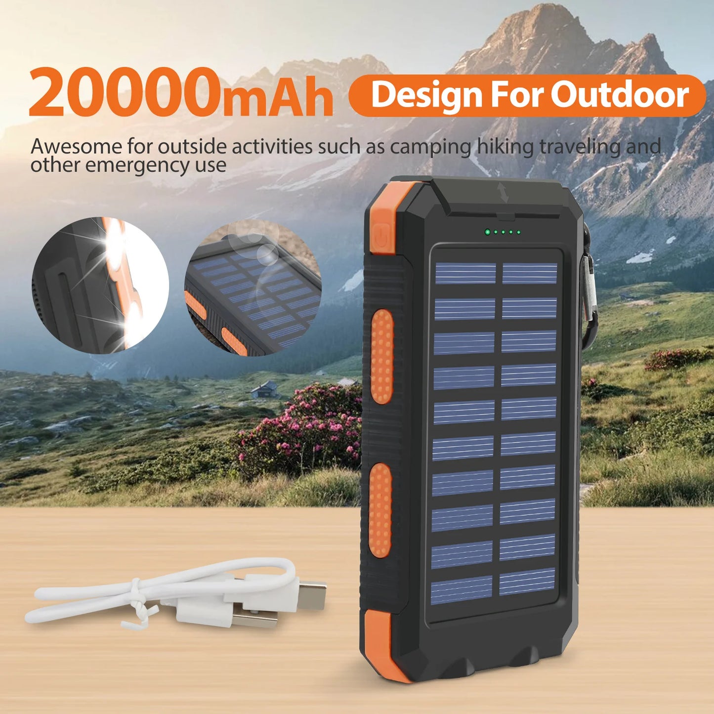 20000mAh Solar Power Bank – Dual USB, Waterproof & LED Flashlight