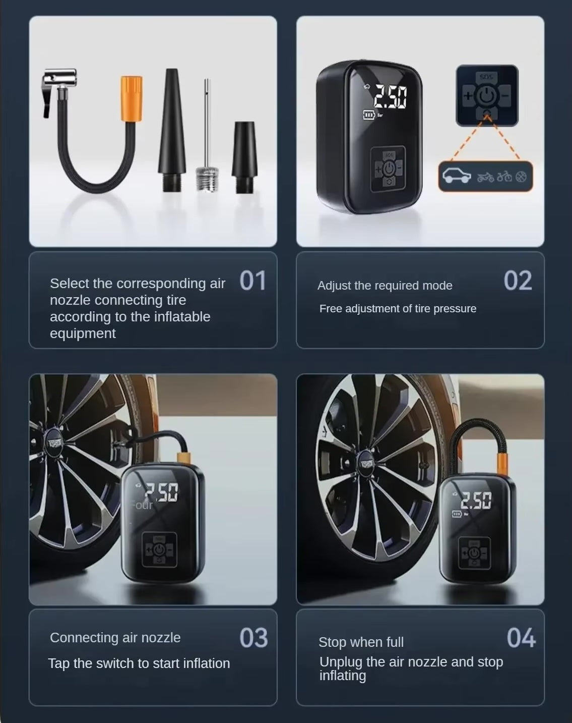 Electric Tire Inflator Pump Car Air Compressor – Portable 12V Auto Air Pump for Car, Motorcycle & Bike Tires